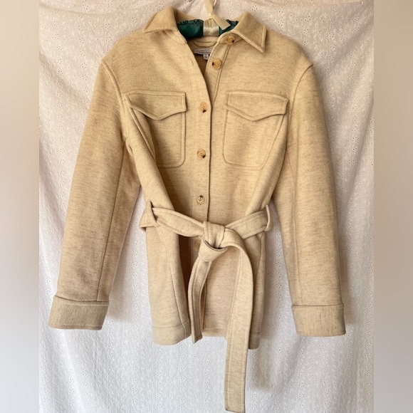 & Other Stories wool blend overshirt jacket Shacket tie waist in oatmeal - Picture 2 of 9